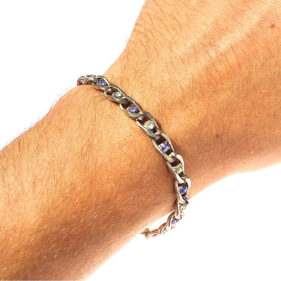 Vintage Curb Chain Bracelet with Purple & Clear Rhinestones Silver Tone - Picture 4 of 4